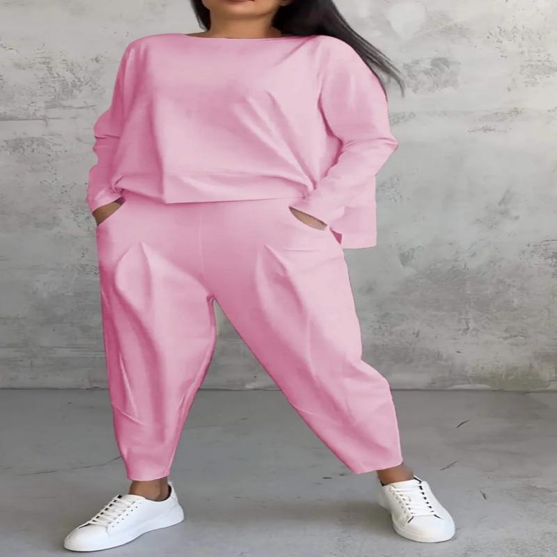 Women's Trousers Suit O-neck Long Sleeve Loose T-shirt Solid Color Trousers Pocket Simple 2-piece Set Loungewear