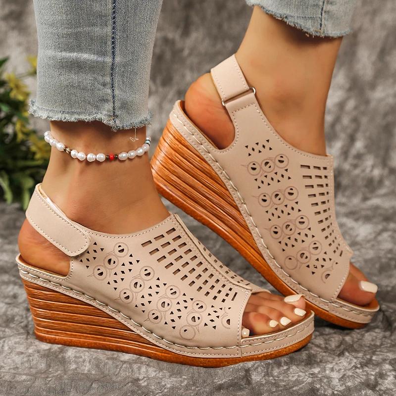 Fashion Hollow Out Wedge Heel Sandals for Women Summer 2025 Fashion Peep Toe Platform Sandalias Mujer Comfortable Non Slip Beach Shoes