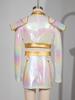Kids Girls Anime Character Cosplay Outfit Iridescent Gloss Contrast Color Mock Neck Long Sleeve Chest Tassels Decor Back Invisible Crop Top and Matche