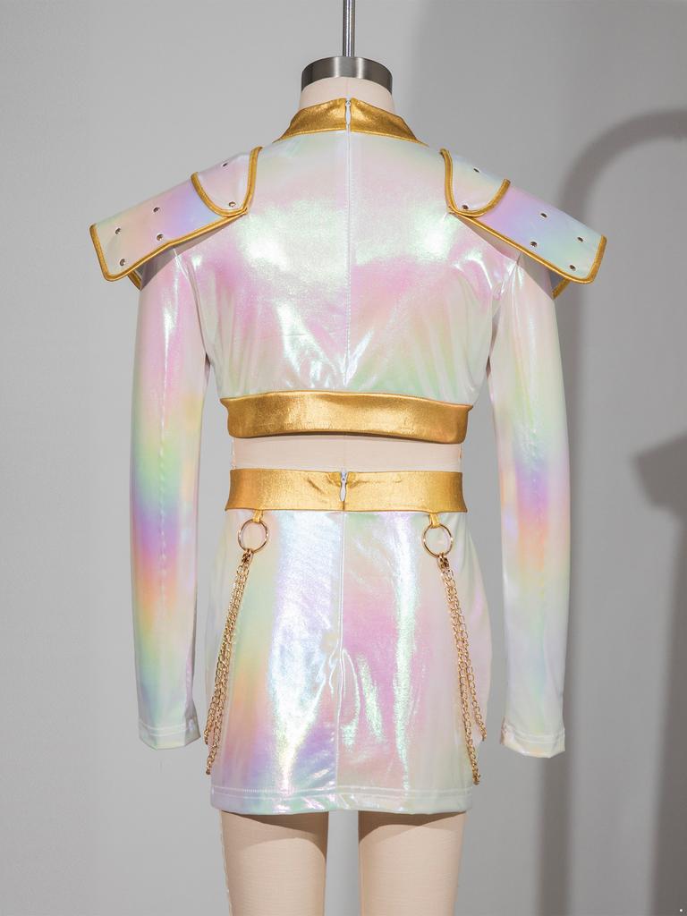 Kids Girls Anime Character Cosplay Outfit Iridescent Gloss Contrast Color Mock Neck Long Sleeve Chest Tassels Decor Back Invisible Crop Top and Matche