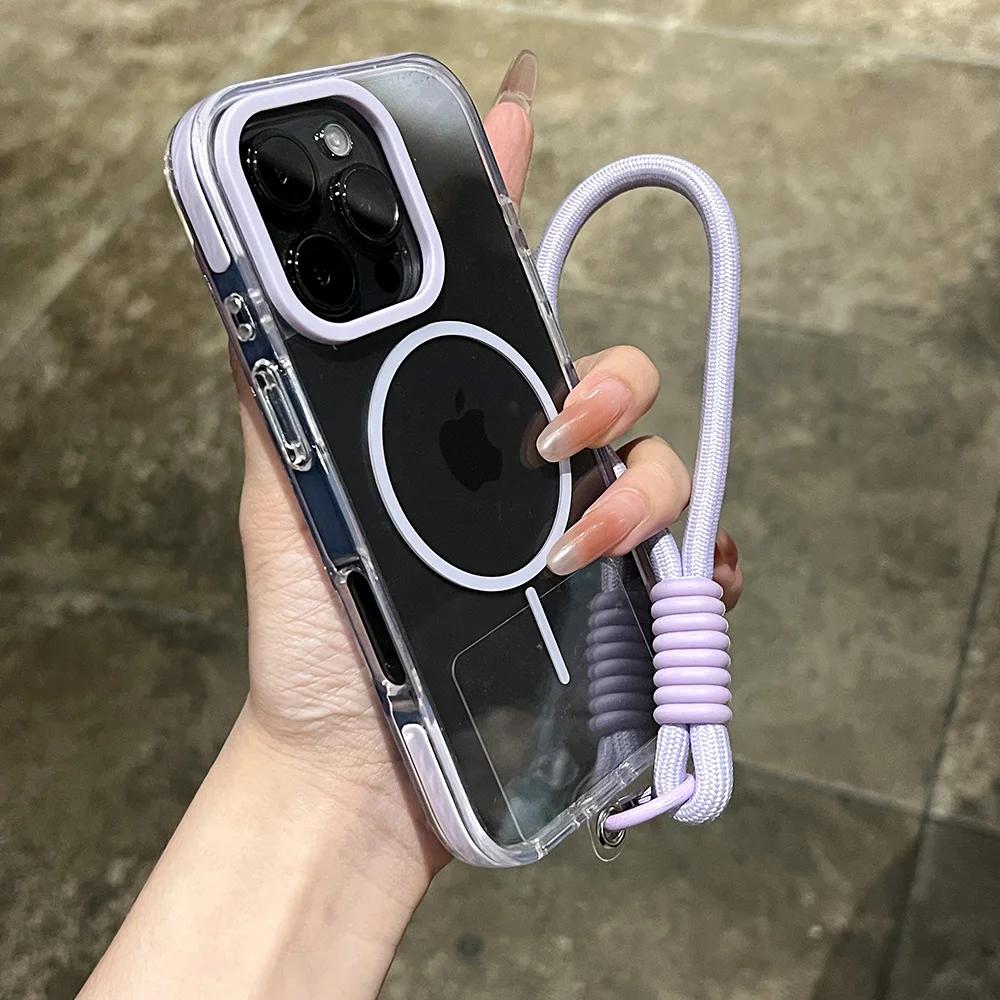 Wrist Strap Transparent Magnetic Phone Case for iPhone 14 15 16 Plus 11 12 13 16 Pro Max Magsafe Clear Charging Shockproof Cover