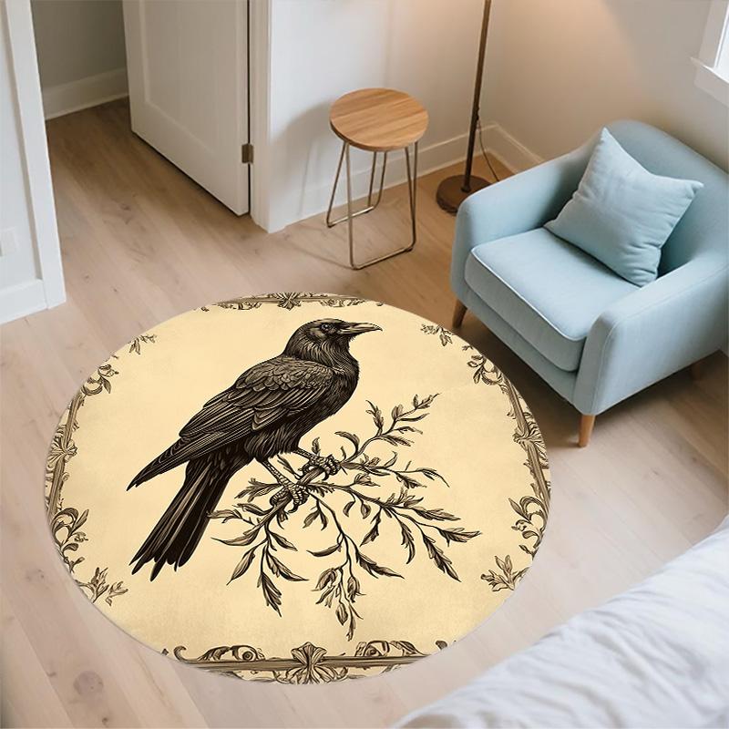 Vintage Border Crow,Round Area Rug,Carpet Rug for Living Room Bedroom Sofa Playroom Decor,Non-slip Floor Mat