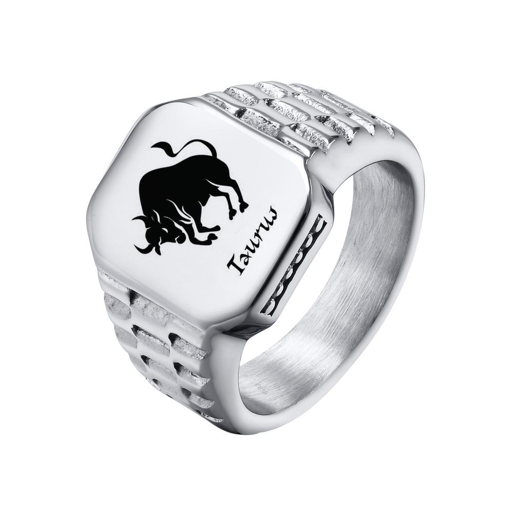 Free Custom 12 Zodiac Signet Rings for Men,Personalized Stainless Steel Finger Birthday Gift To Dad Father Husband Son
