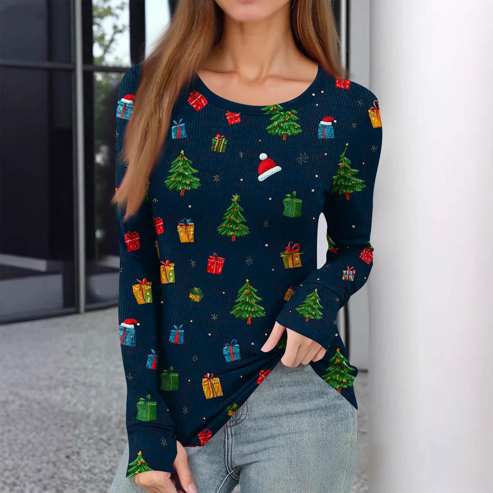 

Женская зимняя приталенная футболка Модная повседневная с градиентным принтом с круглым вырезом пуловер с длинным рукавом топ L тёмно-синий