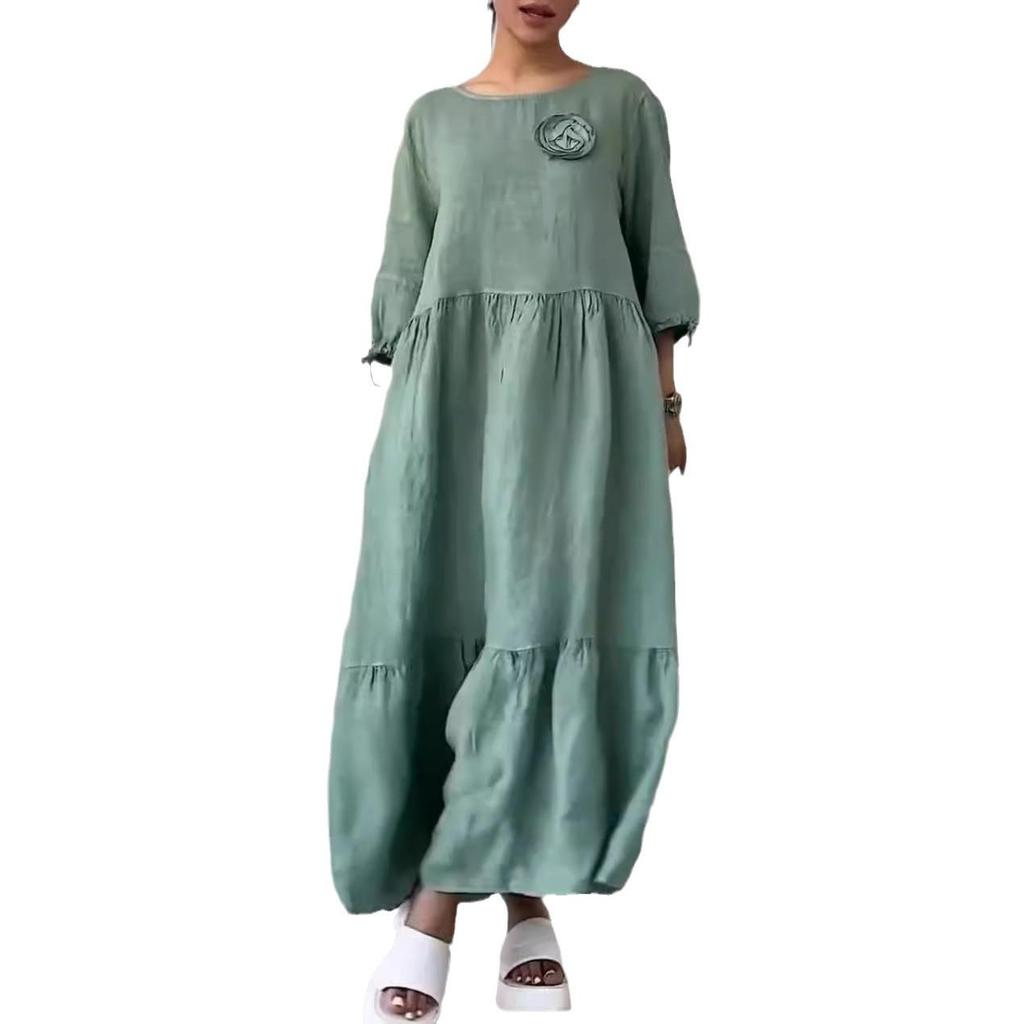 2024 European/American Women's Casual Dress: Round Neck, Long Sleeve, Drawstring, Back Tie, Solid Color