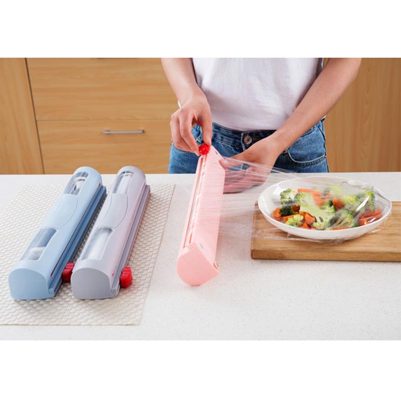 Plastic Wrap Dispenser with Slide Cutter Reusable Foil & Sealing Film Cutter Kitchen Storage Accessory Adjustable Length