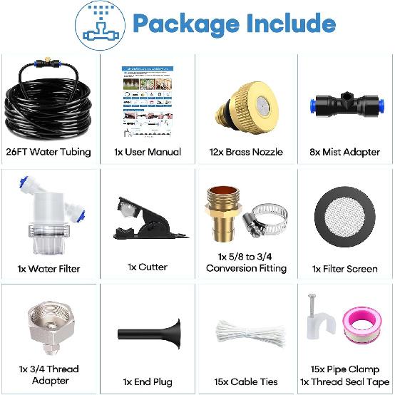 Chicken Coop Mister, 26FT Chicken Cooling System with 12 Brass Mist Nozzles, Filter, Cutter & 3/4" Adapter, Backyard Chicken Misters for Coop,