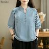 Women Casual V-Neck Half Sleeve Loose Stripe Blouse