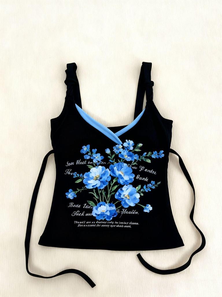 Y2K Spicy Girl Floral V-Neck Long Sleeve Cinched Waist T-Shirt