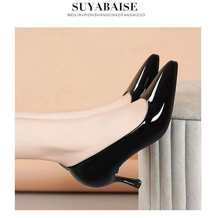 Comfortable Four-Season Leather Stiletto and Block Heel Stewardess Work Shoes for Women
