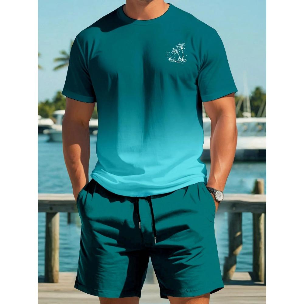 Palmenprint Herren Frühling und Sommer Zweiteiliges Set Lässiges Rundhals Kurzarm T-Shirt Shorts Sportanzug Print Kleidung