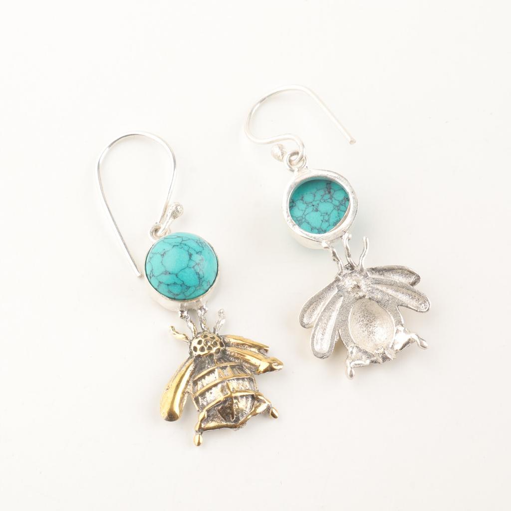 Natural Blue Turquoise Gemstone 925 Sterling Silver Unique Handmade Earrings 2" EE-154-32