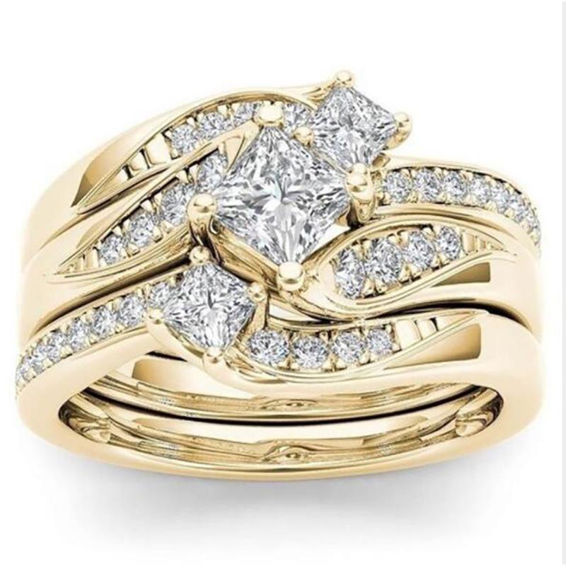 

Cao Shi Simulated Zirconia Three-Piece Engagement Ring Set with European and American Micro-Inlaid Curved Design. Size 6