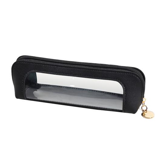 Estojo de couro sintético transparente, design grande, bolsa para caneta, zíper compacto, organizador de papelaria para trabalho, universidade