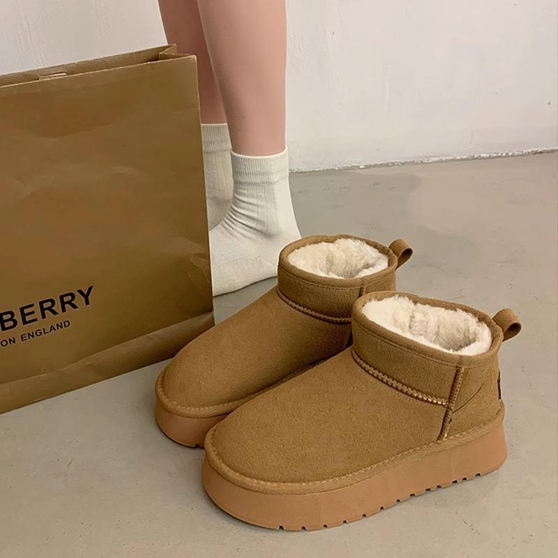 Snow Boots Women's 2025 New Winter Velvet Thickened Short Boots Leather Non-slip Bread Warm Platform Cotton Shoes