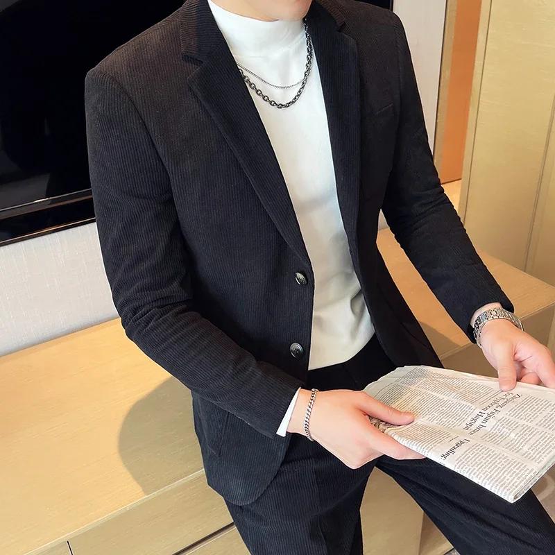 Autumn Winter Corduroy Men Suit Wedding Party 2Pcs Sets Blazer+Pants