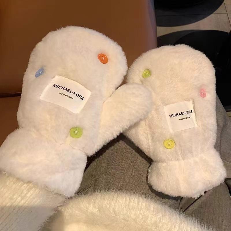 New Cartoon Cute Neck Hanging Fleece Thickened Warm Plush Riding Windproof and Cold-proof Gloves