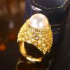 Exquisite Pearl Yellow Gold Color Wedding Rings Women Dense Paving Shiny CZ Romantic Marriage Party Ring Fashion