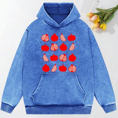 Pomegranate Form Illustration  Print Women Snow Wash Hoodie Autumn Loose Hoody Casual Loose Pullover Vintage Cotton