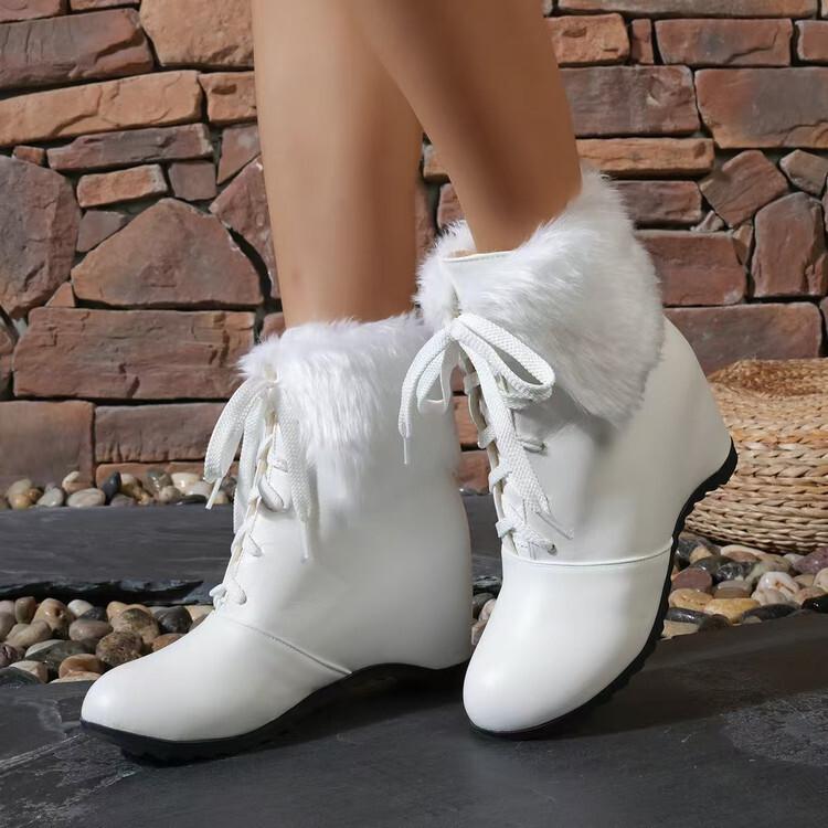 Women's Thermal Boots Inner Heightening Lace-up Plush-lined Short Boots Sweet Pink Winter Low-heeled Fur Shoes