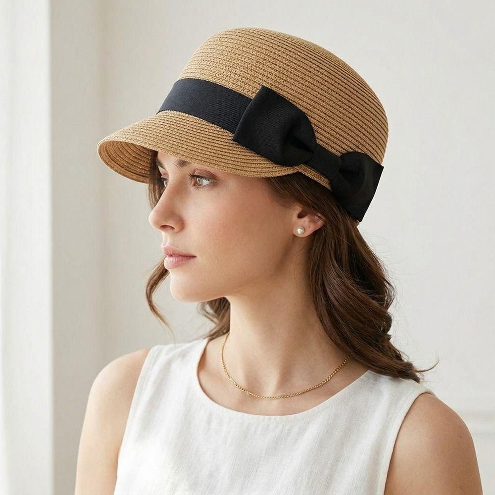 Woven Bow Straw Hat Sunshade Summer Hat Sun Cap UV Protection Cap  Beach