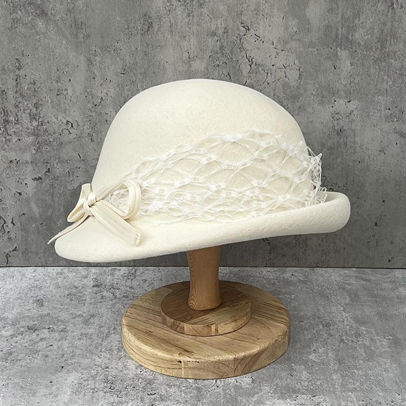 Elegante Netz-Schleifen-Zylinderhut Damen Französischer Retro-Hut mit kurzem Schirm Britischer Woll-Barett