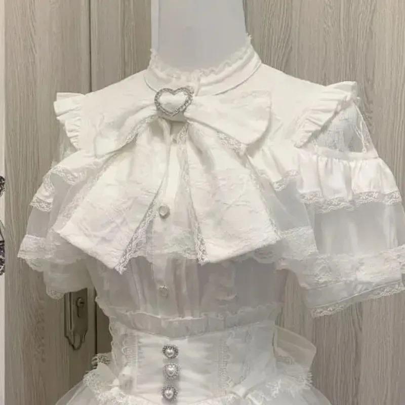 Cute Lace Bow Lolita Shirts Women Japanese Y2K Puff Long Sleeve Slim Fit Blouse Subcultural Matching Clothing