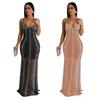Women's Fashion Long Dress: Solid Color Mesh with Hot Drilling and Strappy Design