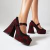 One Button Waterproof Platform High Heels Elegant Shoes with Thick Sole Lace Edging Mary Jane Shallow Single Shoes