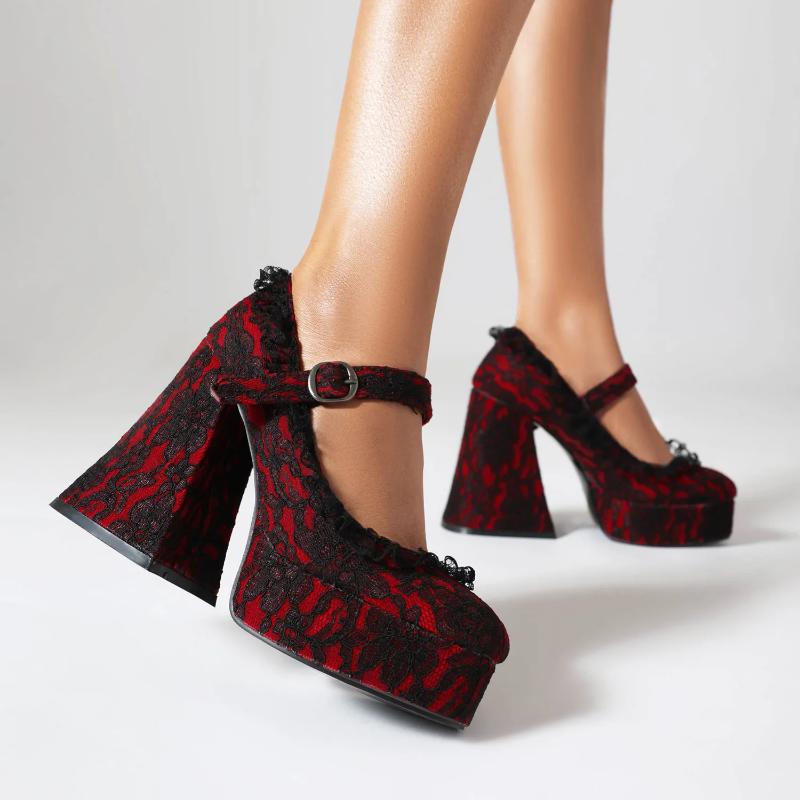 One Button Waterproof Platform High Heels Elegant Shoes with Thick Sole Lace Edging Mary Jane Shallow Single Shoes