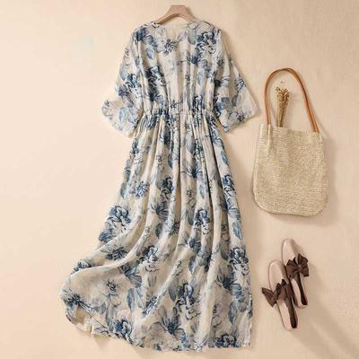 Short Sleeve Print Vintage Long Dresses For Women Summer Fashion Casual Loose Dress Femme Robe Vestidos Elegant Clothes