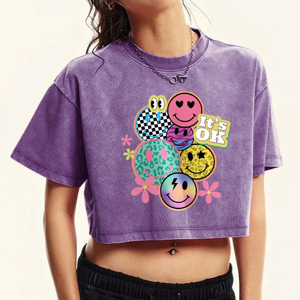 It'S Ok Happy Face Flower Print Washed Crop T-Shirt Female Fashion Cotton T Shirts Multicolor Casual Clothes Tops