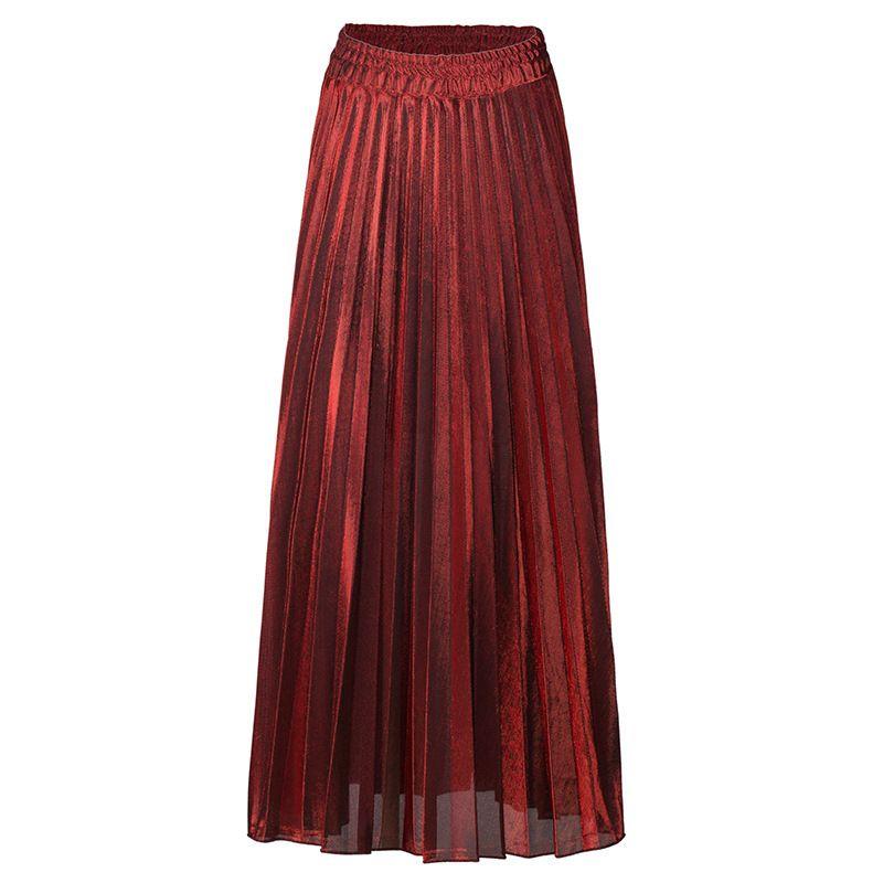 

Spring, Summer, Autumn Pleated Skirt Long Skirt Fashion Plus Size High Waist Big Swing Gold and Silver Women s Beach Skirt Bright Silk Skirt Elegant Red XXL