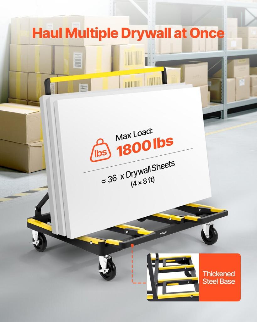 Drywall Cart Dolly, 816 Kg Load Capacity, Steel Panel Dolly with 4 Swivel Casters & Expandable Deck, Foldable Panel Truck Cart with Tie-Down Strap for