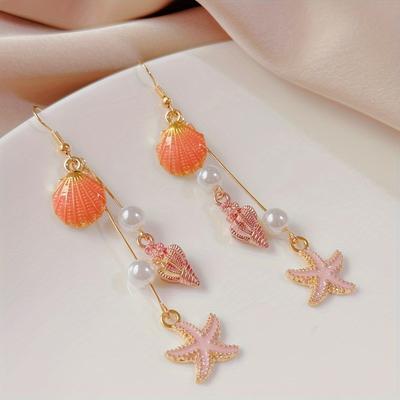 Pink Seashell Starfish Earrings - Golden Copper Hoops with Imitation Pearl Beads, Beach Party Jewelry for Women, Summer Accessories