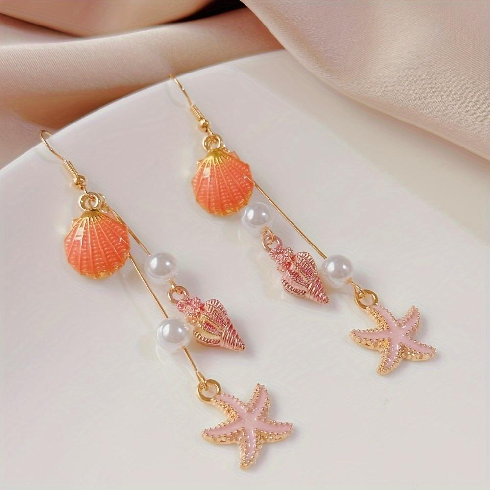 Pink Seashell Starfish Earrings - Golden Copper Hoops with Imitation Pearl Beads, Beach Party Jewelry for Women, Summer Accessories