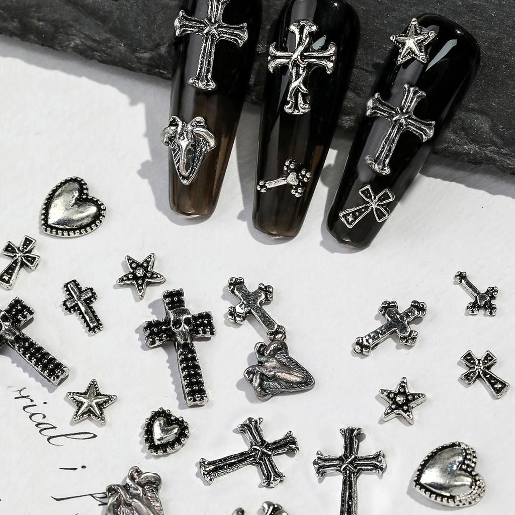 1/3Boxed 12 Grids Vintage Cross Shaped Zinc Alloy Jewelry Nails Supplies Heart&Star Shaped Metal Y2k Nail Art Decoration