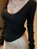 Elegant Black V-neck Rhinestone Knit Sweater for Women - Autumn/Winter Slimming & Flattering Layered Top