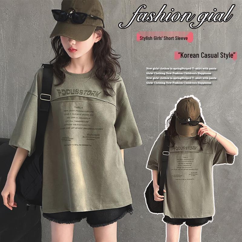 Koreanischer Stil Sommer-T-Shirt für Mädchen - Kurzarm, Trendy, Lockerer Schnitt, Rundhalsausschnitt, Personalisiert, Vielseitiges Oberteil für größere Kinder.
