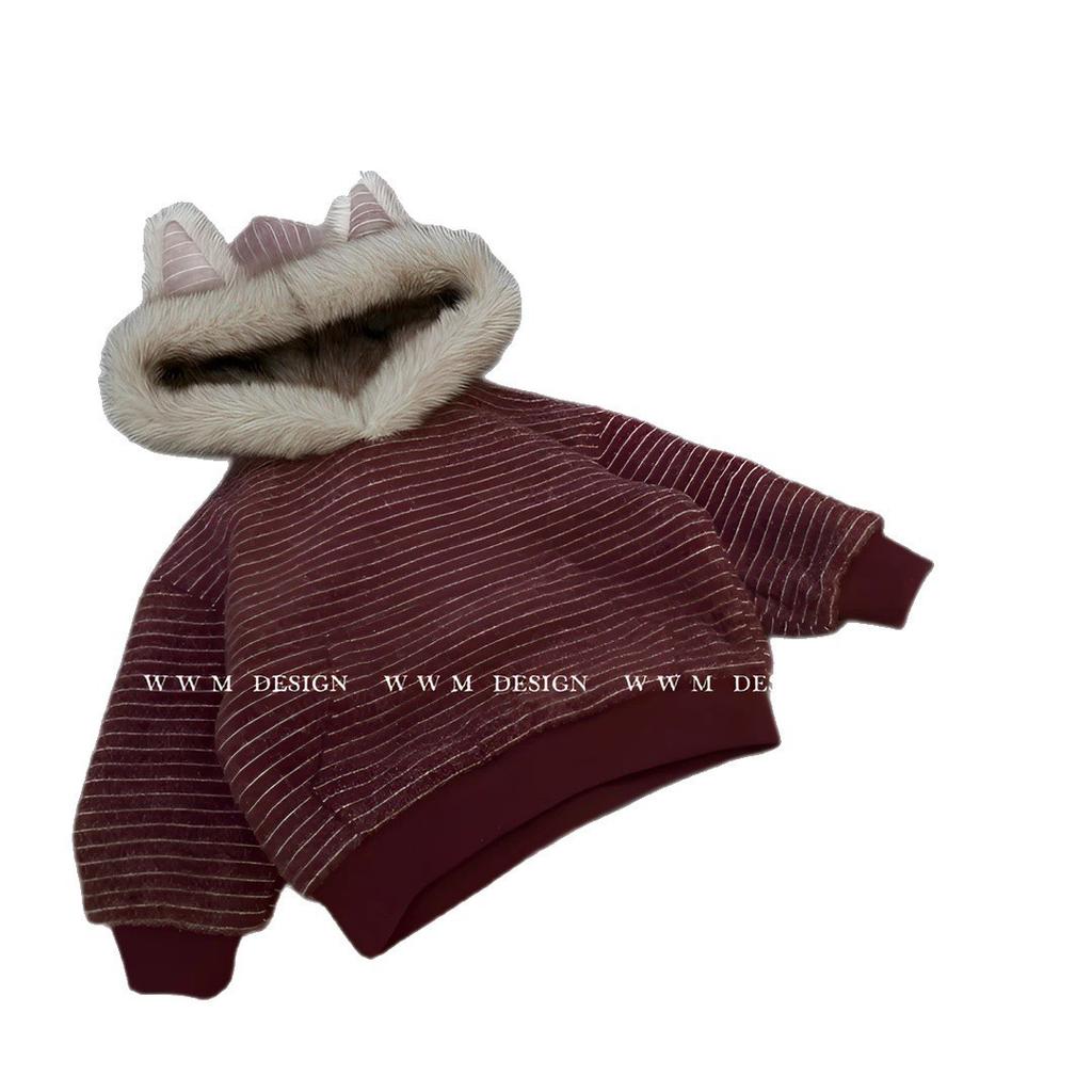 Fleece Lined Hooded Striped Sweatshirt for Kids Boys Girls Loose Fit Winter Top