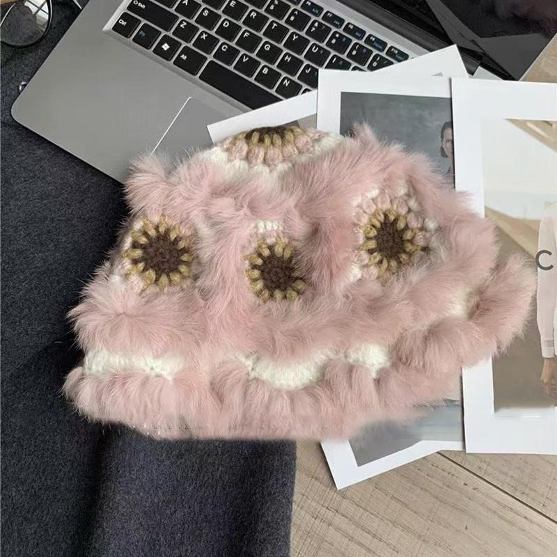 Neuer echter Kaninchenfell-Wollhut Damen Herbst und Winter niedlicher Plüsch warmer Löwenhut handgefertigt, um ein kleines Gesicht zu zeigen