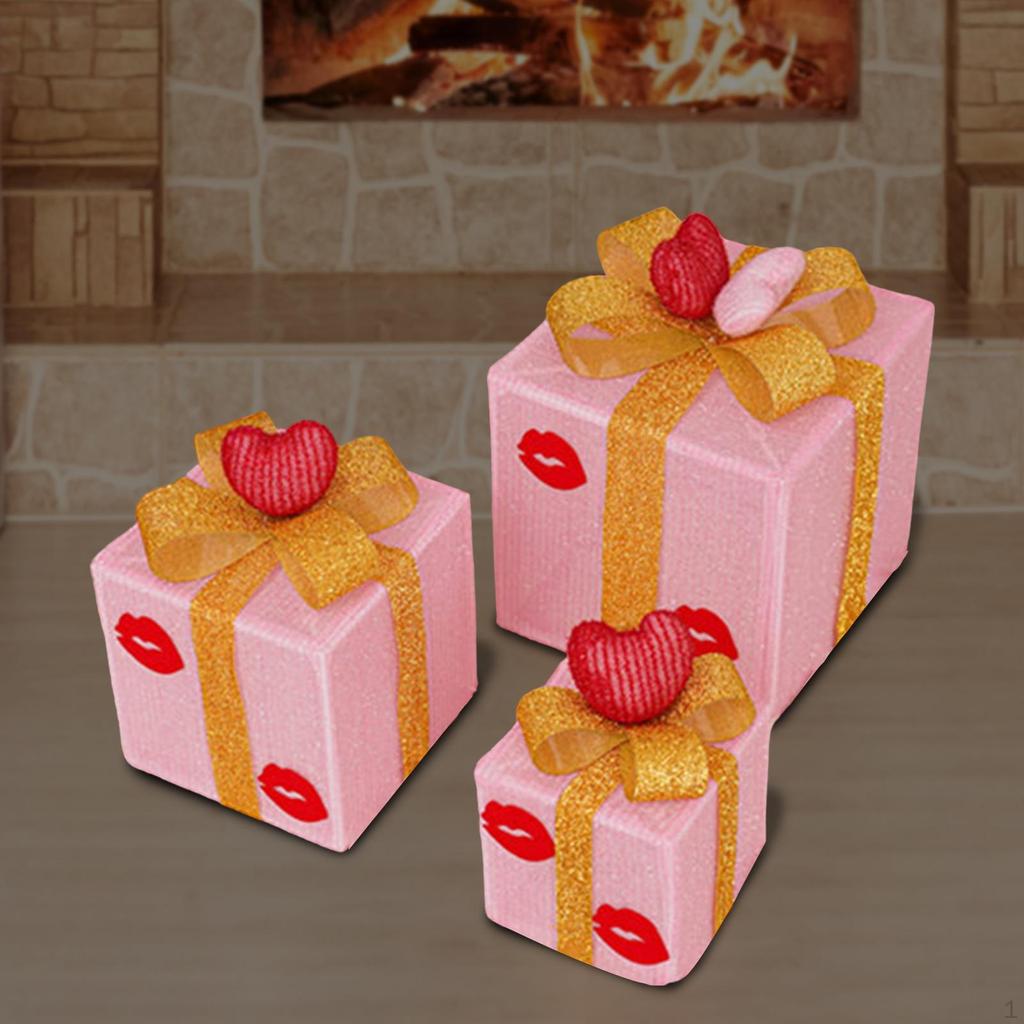 3x Christmas Decoration with Illuminated Gift Boxes And LED Lights Bow for Indoor Outdoor