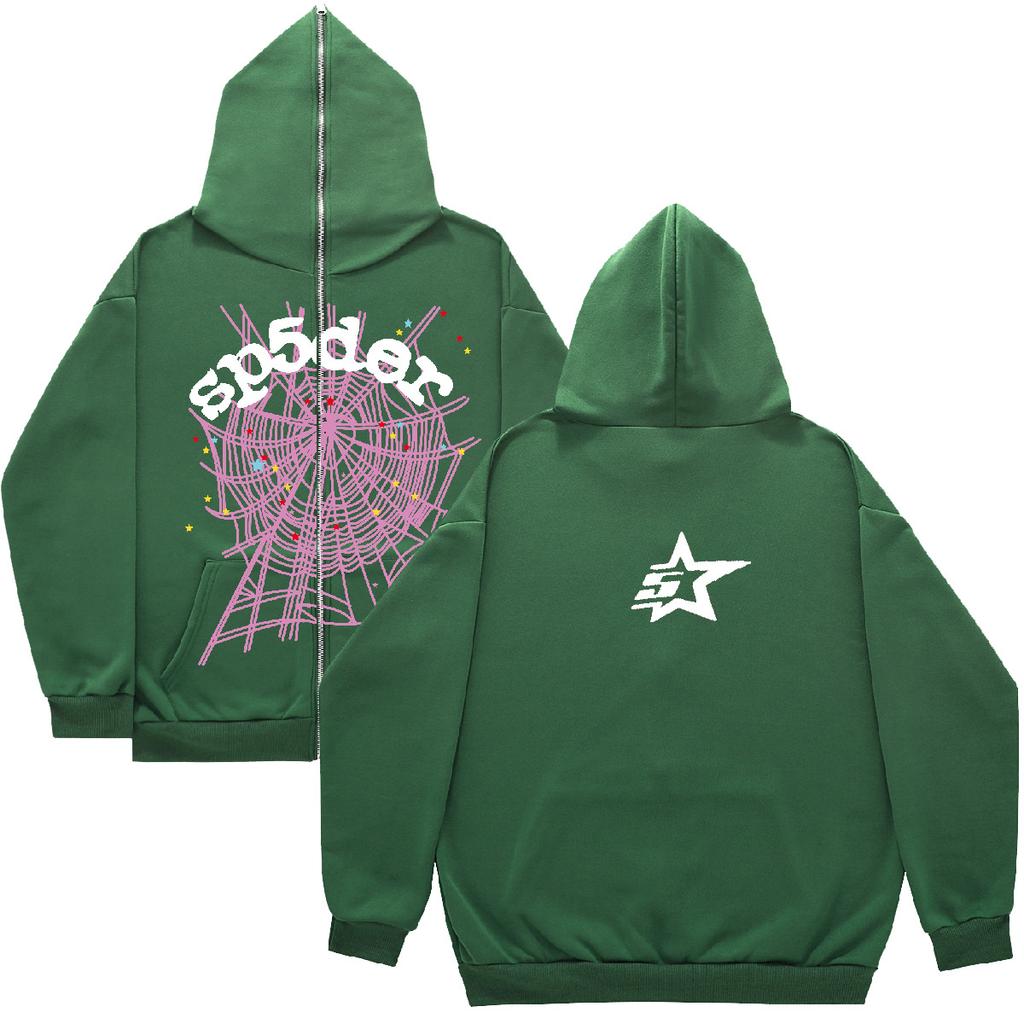Harajuku Full Zip Spider Pattern Hoodie Y2k 2023 Goth Sp5der Oversized Jacket Streetwear