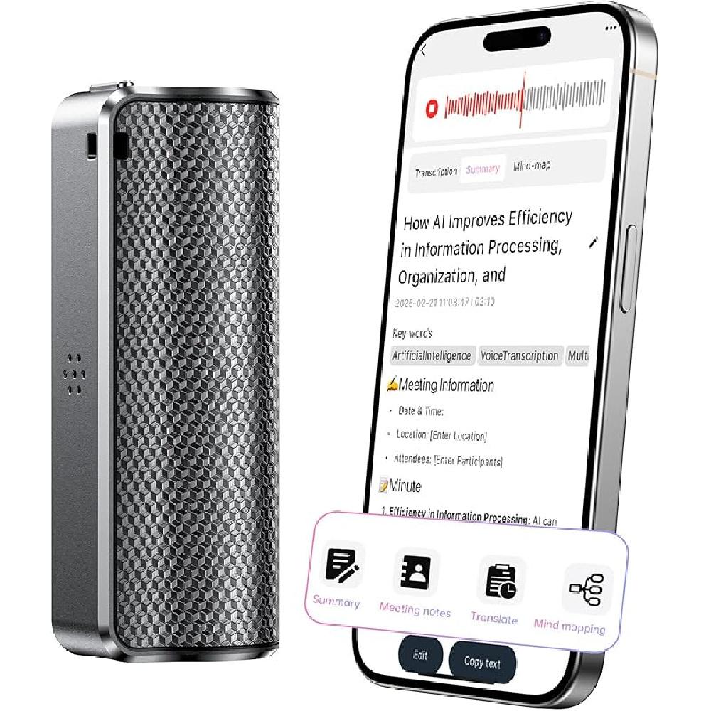

Диктофон на базе искусственного интеллекта с транскрипцией в реальном времени, ментальные карты на базе искусственного интеллекта для заметок на встречах, интервью и лекций, более 70 языков (64GB) 64GB