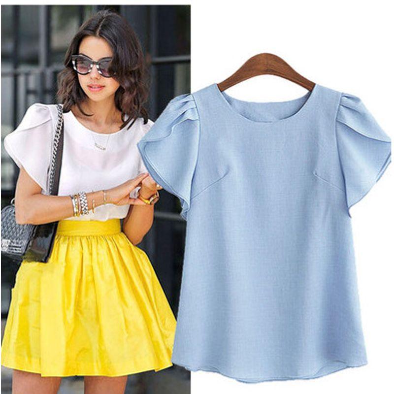 

European and American plus Size Women s Clothes Lotus Leaf Slim Looking T-shirt Short Sleeve White XXXL