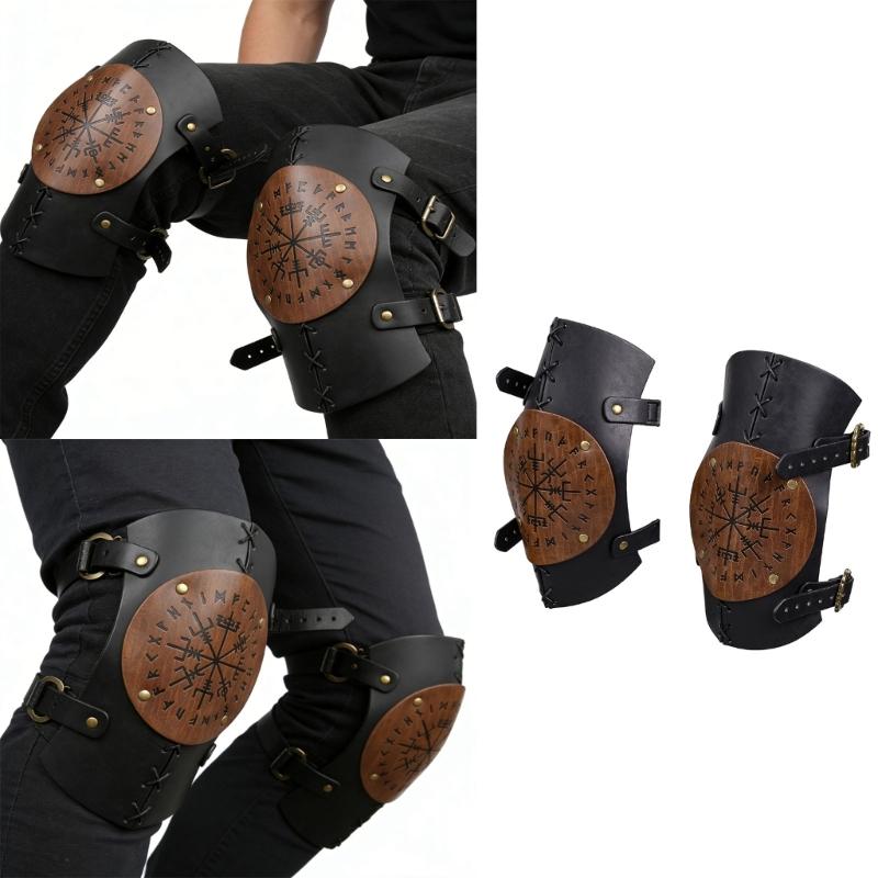 Medieval Knee Armors Nordic Vikinges Knee Brace Leather Embossed Knee Pads Knightes Leg Guards for Halloween Cosplay