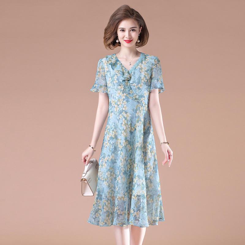 Fashionable Summer Chiffon Dress for Middle-Aged Women - Anti-Aging, Belly-Hiding Style (2026 Trend) 5XL синий