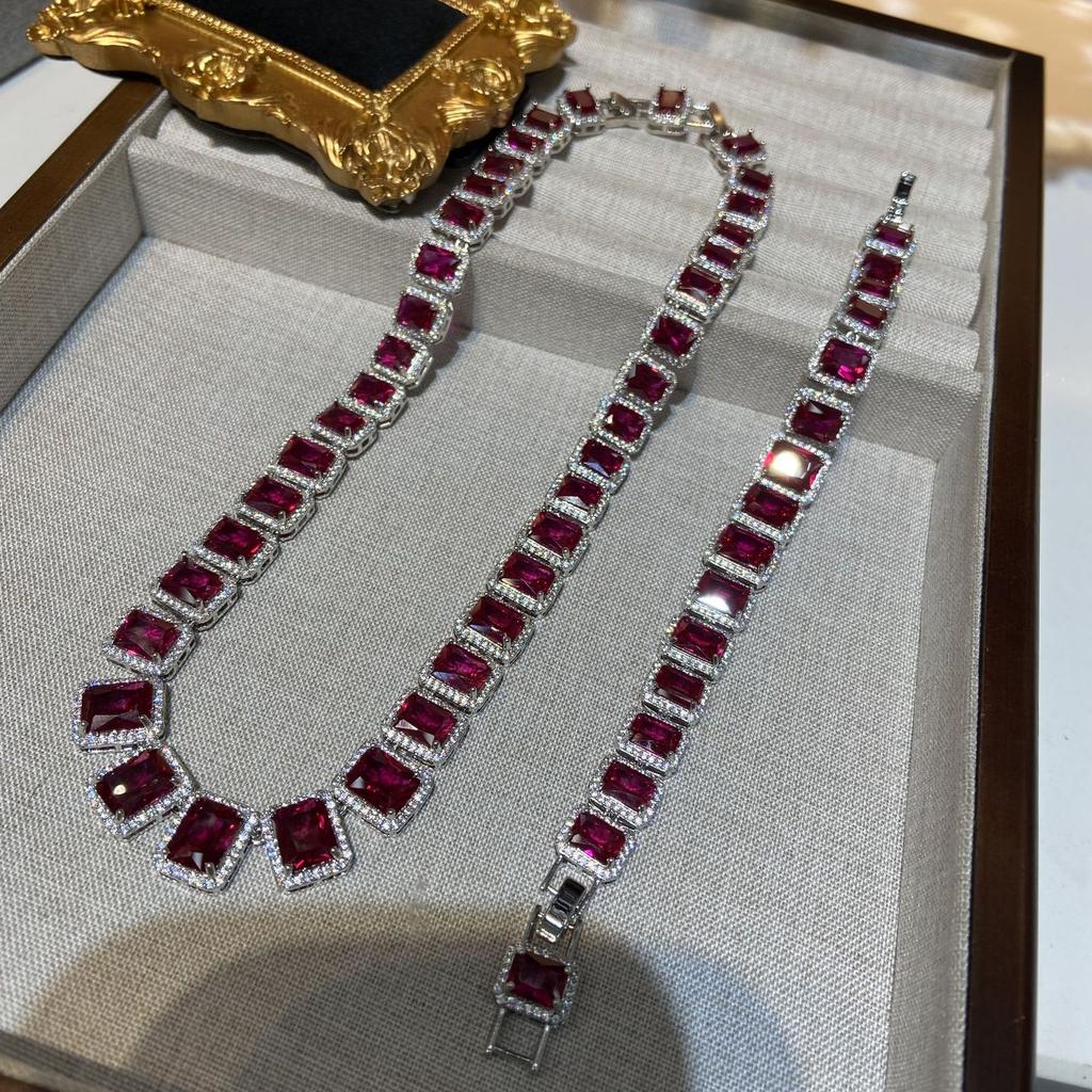 Square Ruby Necklace Bracelet Set Femininity Premium Versatile Necklace Bracelet