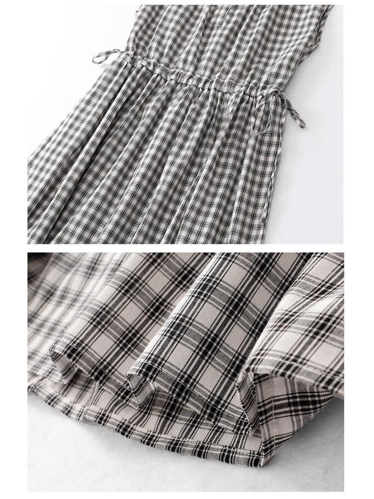2026 Women's Black & White Plaid Drawstring V-Neck Cotton Sleeveless A-line Summer Dress