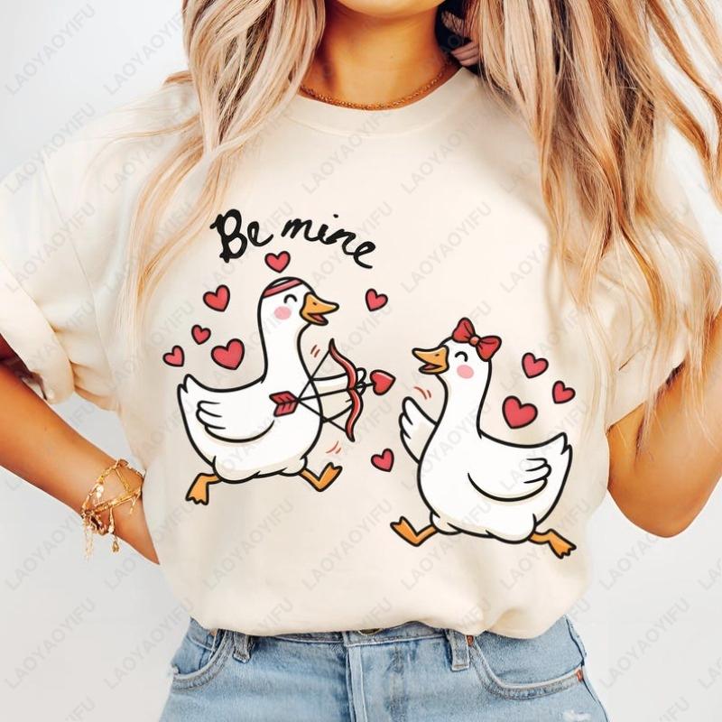 Be Mine Goose Creative Cute Cupid Unisex Cotton Shirts Valentines Day Clothes Fun Printed Tee Men Women Couples Matching Gift